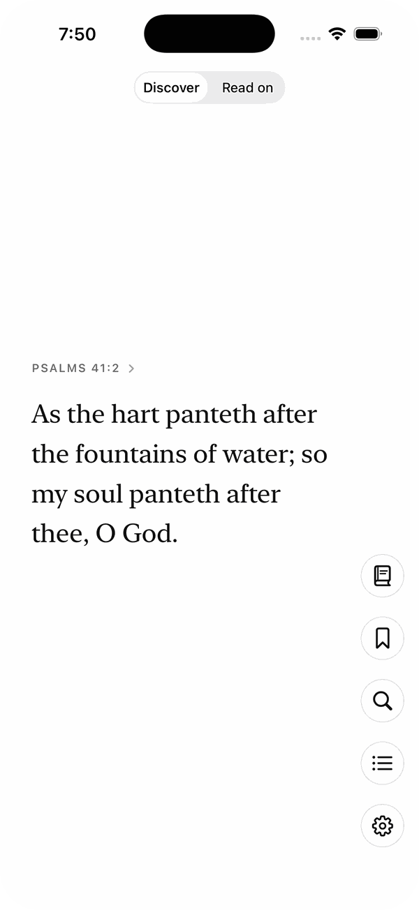 A single verse on a white screen: Psalm 41:2, As the hart panteth after the fountains of water. A small reference above it, a few buttons at the side.