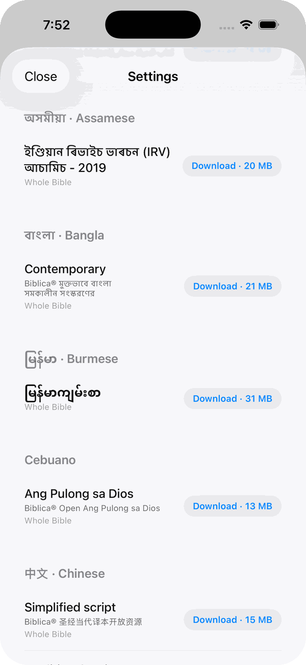 The list of Bibles to download, grouped by language: Assamese, Bangla, Burmese, Cebuano, Chinese.