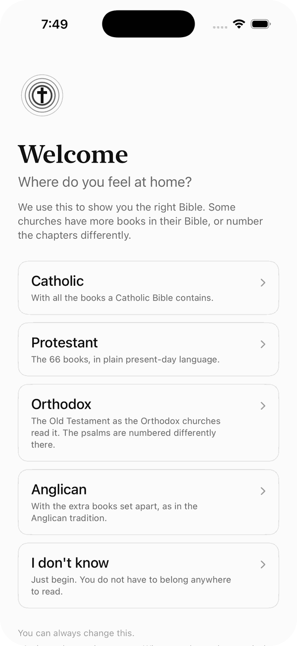 The first screen: Where do you feel at home? Catholic, Protestant, Orthodox, Anglican, or I don't know.