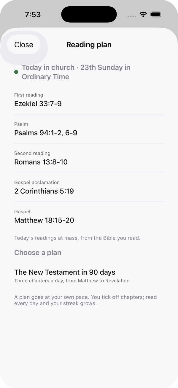 The reading plan screen: today's Mass readings for the 23rd Sunday in Ordinary Time, and a plan to read the New Testament in 90 days.